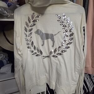 Victoria's Secret Cream Long Sleeve Hoodie with Silver Sequin Dog Crest